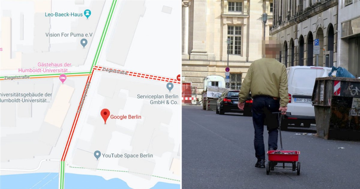 simon weckert 1.png?resize=1200,630 - Google Maps : Un artiste berlinois a créé un embouteillage virtuel en se promenant avec 99 téléphones