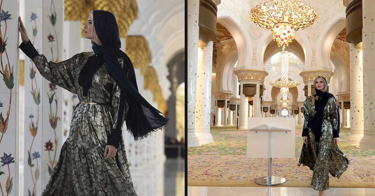 untitled 3 4.jpg?resize=412,275 - Ivanka Trump Donned A Metallic Silk Gown And A Headscarf While Touring Dubai's Biggest Mosque