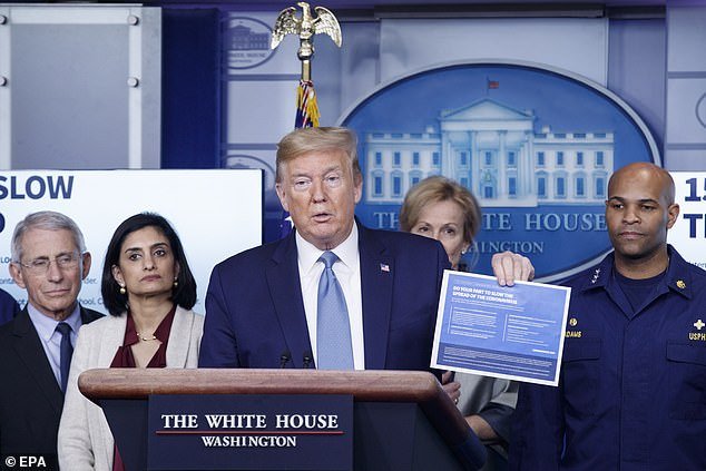Donald J. Trump, with members of the coronavirus Task Force delivers remarks during a briefing at the White House