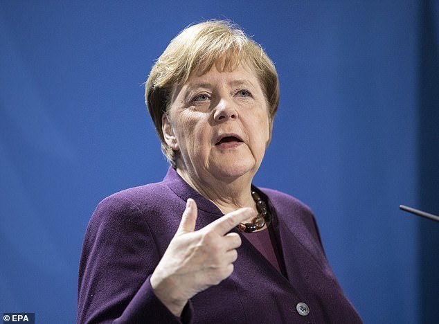 German Chancellor Angela Merkel (pictured yesterday) announced gatherings in churches, mosques and synagogues would be banned and said playgrounds and non-essential shops would close as the country reaches 7,000 confirmed cases, and 14 deaths