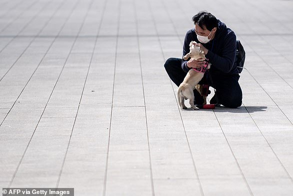 A man wearing a face mask, amid fears over the spread of the COVID-19 novel coronavirus, holds his dog at Ueno park in Tokyo