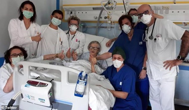 Grandmother Alma Clara Corsini (centre), 95, from Fanano, Modena, Italy, has recovered from the coronavirus