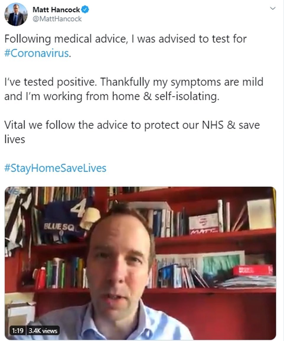 Within hours of the news from Mr Johnson, Matt Hancock revealed he has also tested positive for the virus