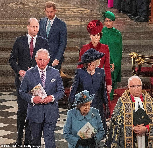 Prince Charles with his wife Camilla, the Queen, the Duke and Duchess of Cambridge and the Duke and Duchess of Sussex at the Commonwealth Service at Westminster Abbey on March 9