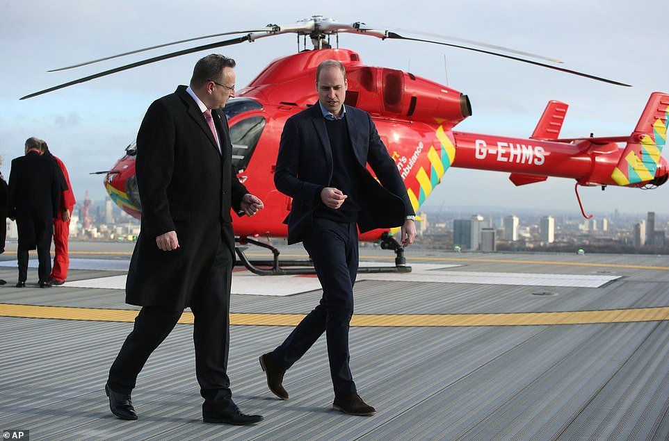 Prince William, 37, earlier this month become the patron of the London Air Ambulance Charity after he was the patron of their 30th anniversary campaign in 2019 (pictured at the Royal London Hospital on January 9, 2019)