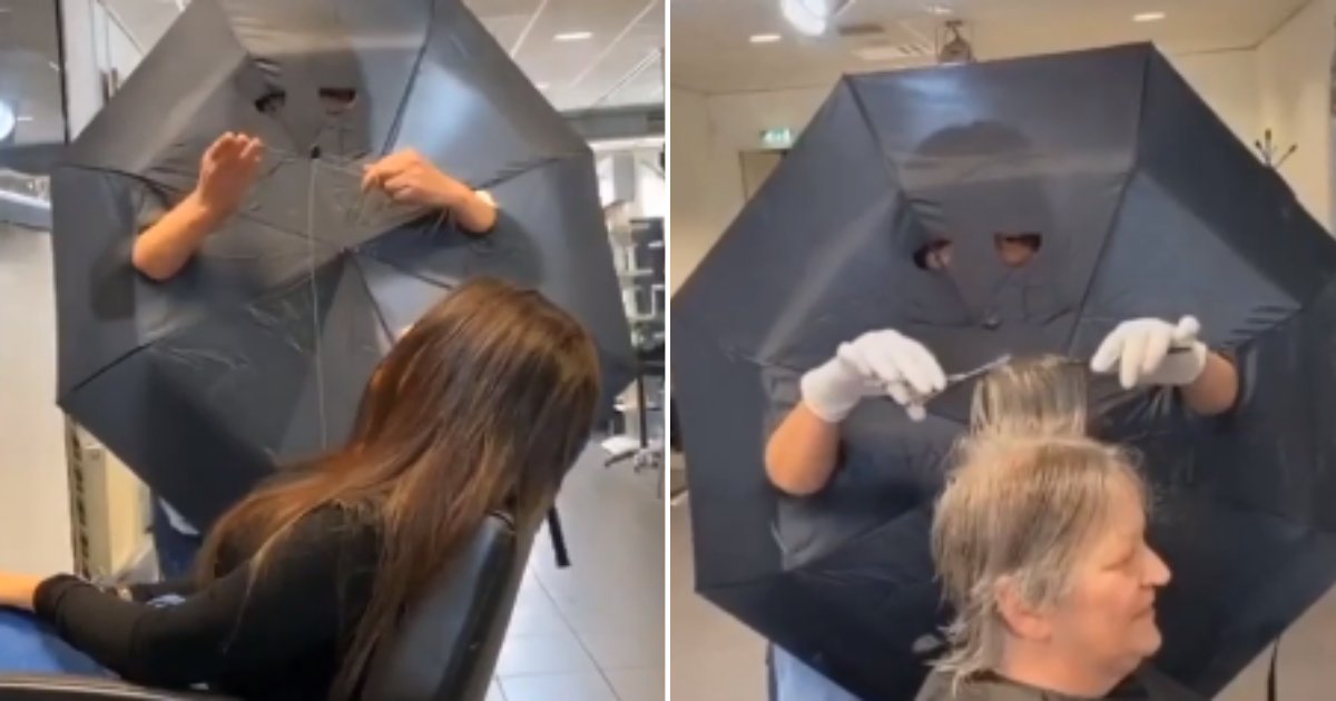 2 76.png?resize=1200,630 - This Hairdresser Used Umbrella with Holes to Create A Barrier Between Herself And Her Clients