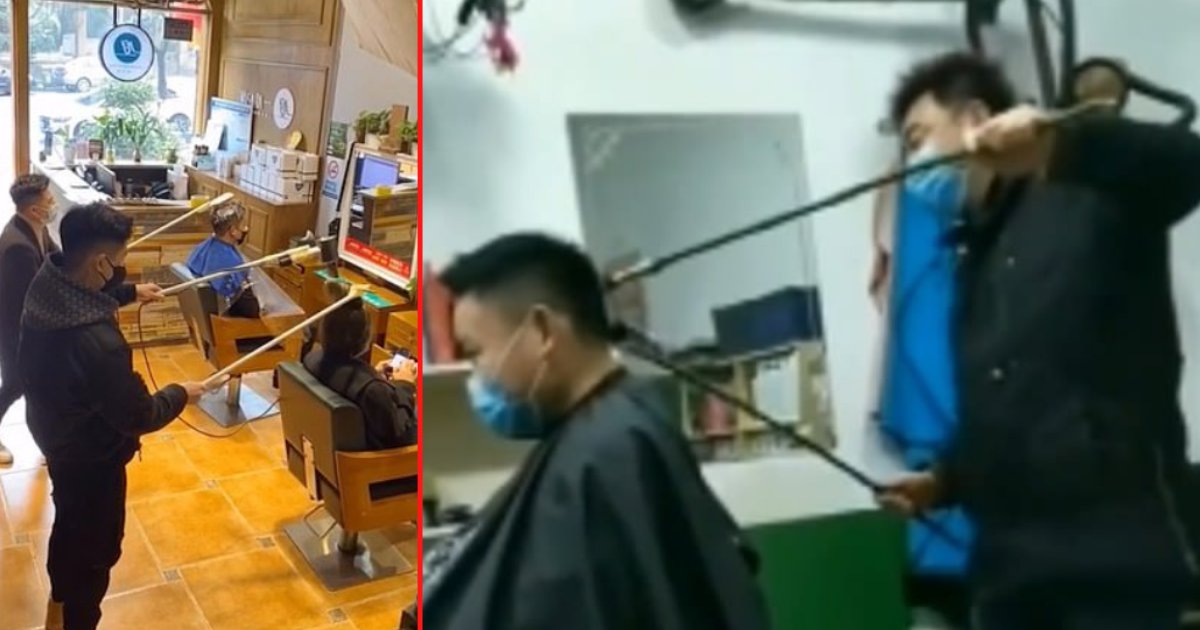 7 3.png?resize=1200,630 - Hairdresser Uses 4 Feet Long Pole to Use His Appliance While Styling The Customer’s Hair