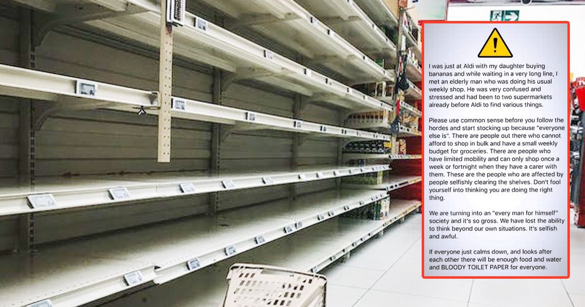 aldi shopper heartbreaking elderly man coronavirus panic buying.jpg?resize=412,275 - Aldi Shopper Asked To Stop ‘Selfishly Clearing The Shelves’ Amid The Coronavirus Panic Buying After Witnessing A Heartbreaking Incident
