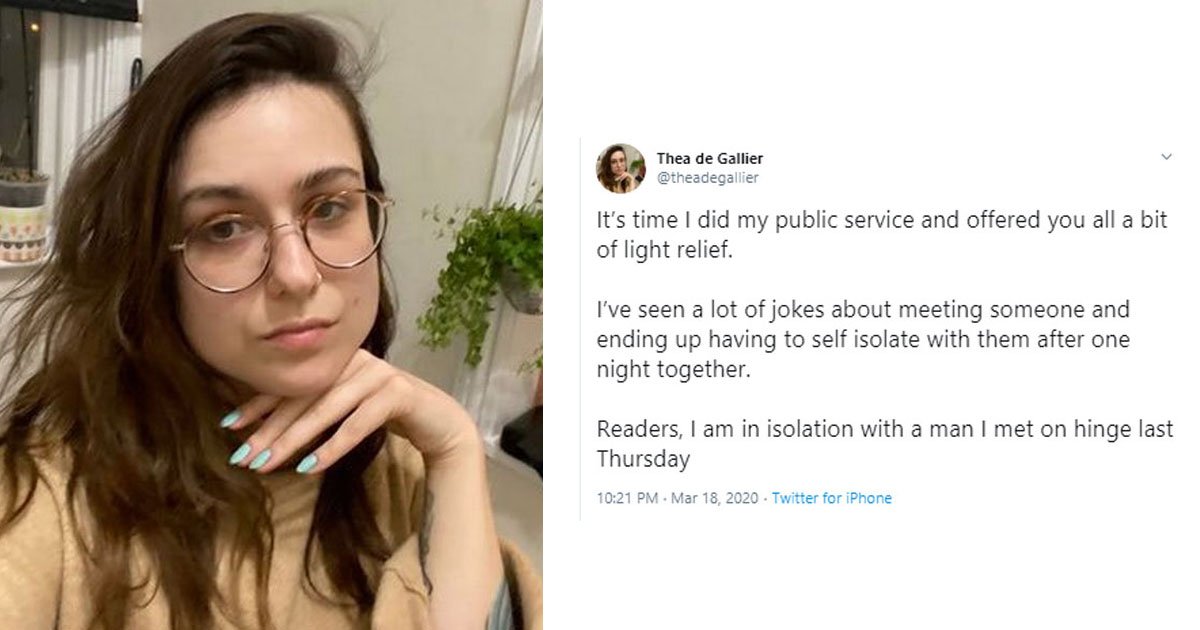 woman isolation with hinge date shares tweets.jpg?resize=412,275 - Woman - Who Got Stuck With Her Hinge Date Amid Coronavirus Crisis Just Five Days After Meeting Him - Shared Her Experience