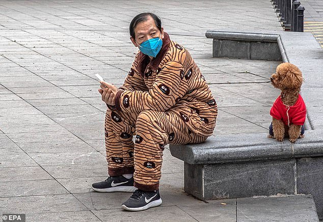 Lawmakers in Shenzhen, a city of around 13 million people in southern China, have passed a proposed legislation to ban the eating of pets, including dogs and cats. The picture shows a man wearing a protective face mask sitting with a dog in a street in Wuhan on March 30