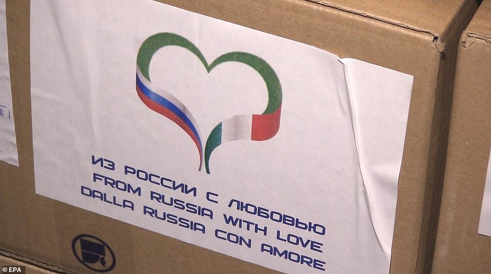 Russia also sent supplies to Italy in boxes labeled 