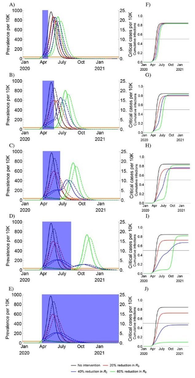The modeling study on COVID-19 warned that sporadic periods of social distancing could be needed for another two years to prevent new surges in infections. The charts above show one-time social distancing scenarios in the absence of seasonality. The shaded purple area shows the length of social distancing measures