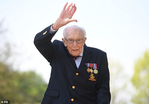 War veteran Captain Tom Moore at his home in Marston Moretaine, Bedfordshire, today after he achieved his goal of 100 laps of his garden - raising more than £13million for the NHS