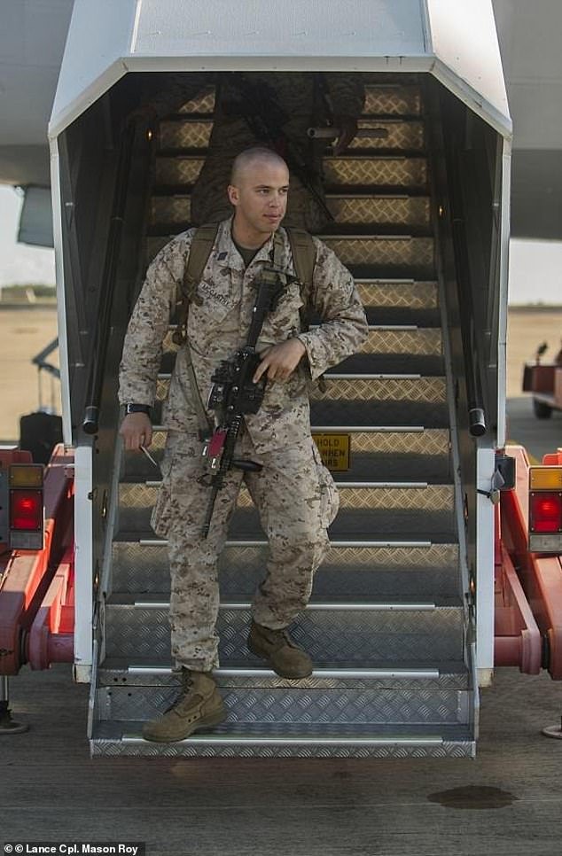 The United States will send 1,200 Marines to Australia in coming weeks amid increasing tensions between Western nations and China over COVID0-19. A Marine is pictured stepping off a flight to join the Marine Rotational Force - Darwin in April 2018