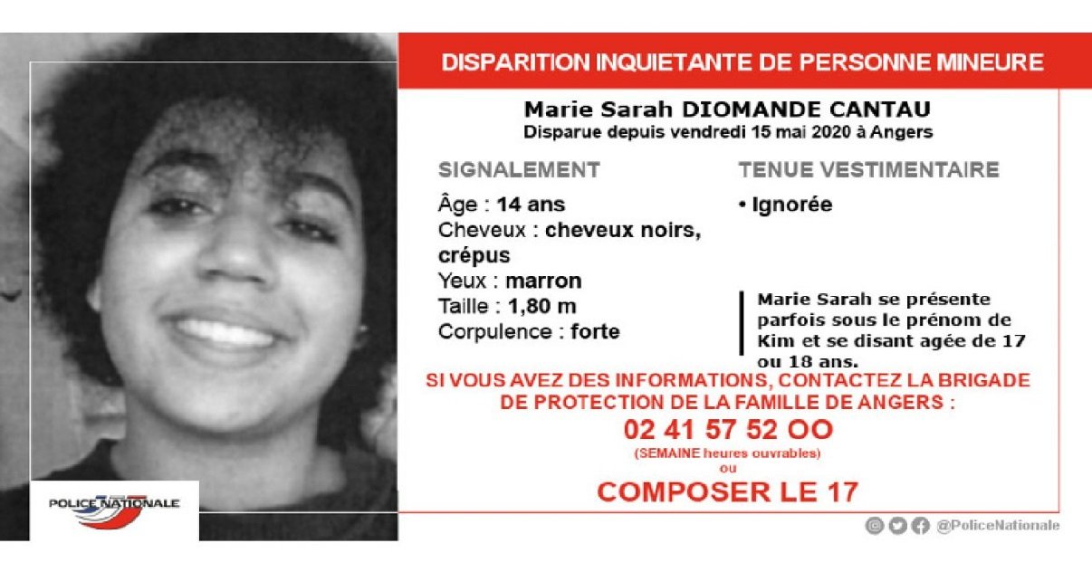 anger.jpg?resize=1200,630 - Angers: Marie Sarah Diomande Cantau, une ado de 14 ans, a disparu depuis dix jours
