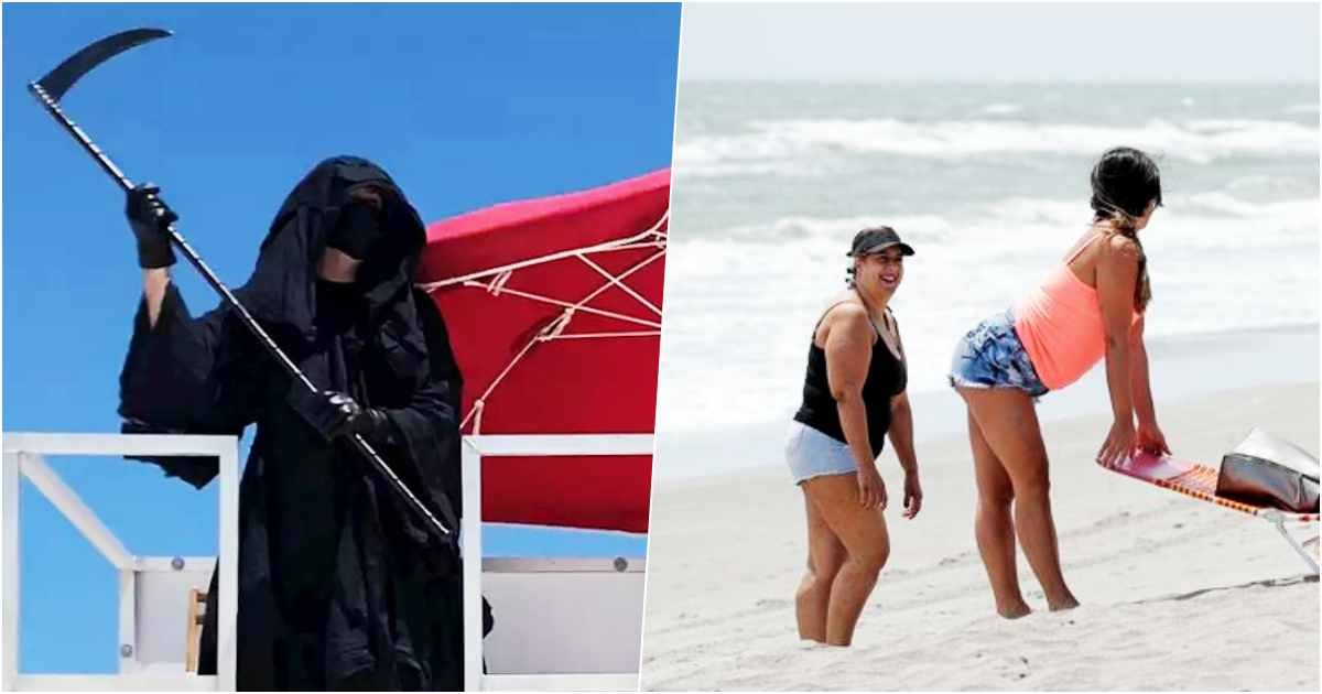 thumbnail 2 1.jpg?resize=1200,630 - Lawyer Dressed As The Grim Reaper Haunts Beachgoers in Florida To Protest Its Reopening