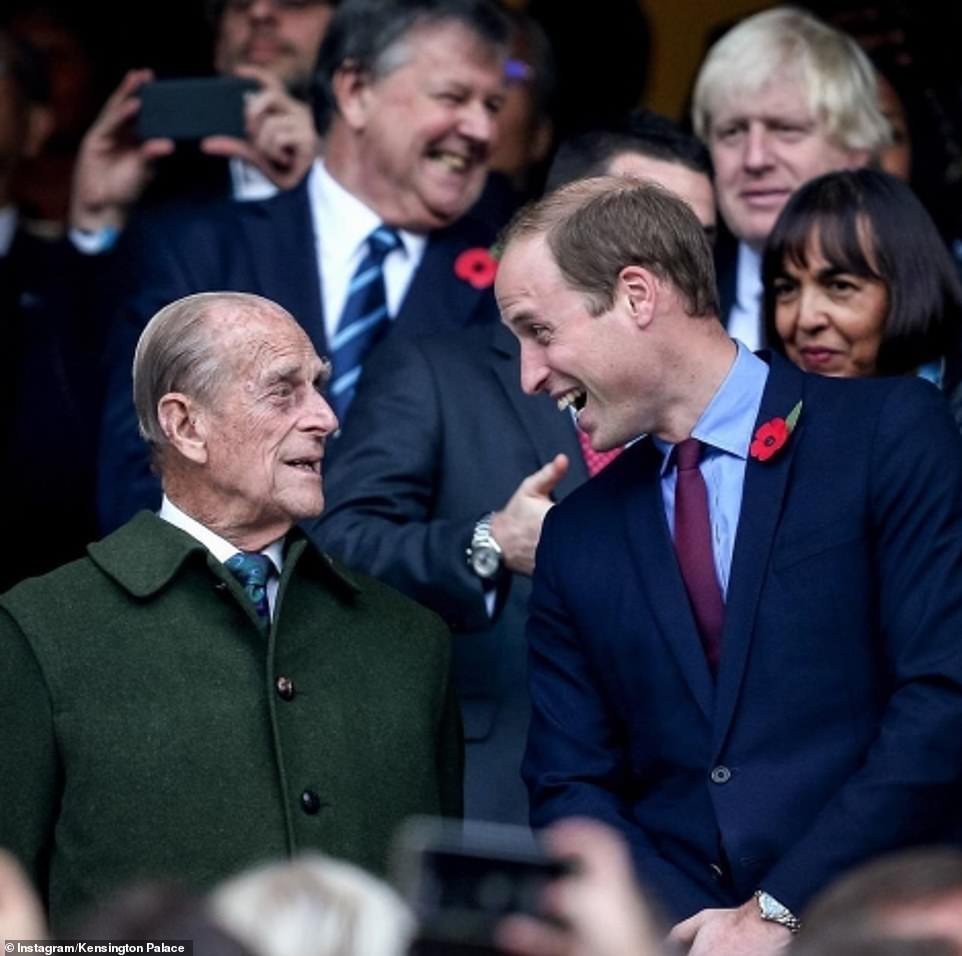 The Duke and Duchess of Cambridge shared this photo of Prince William smiling with his grandfather the Duke of Edinburgh in a photo to mark his 99th birthday. The photo was taken at the Rugby World Cup Final at Twickenham in October 2015