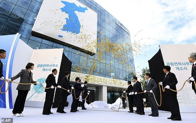 Citing unspecified sources, Yonhap said the smoke was near the joint industrial complex where the North-South liaison office, pictured when it was opened in 2018, is located