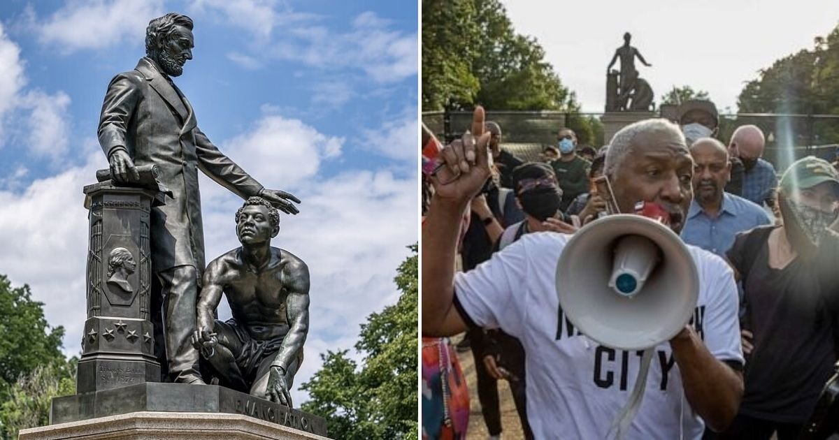 untitled design 23.jpg?resize=412,232 - Protesters Vow To Remove The Statue Of President Abraham Lincoln And Kneeling Freed Slave