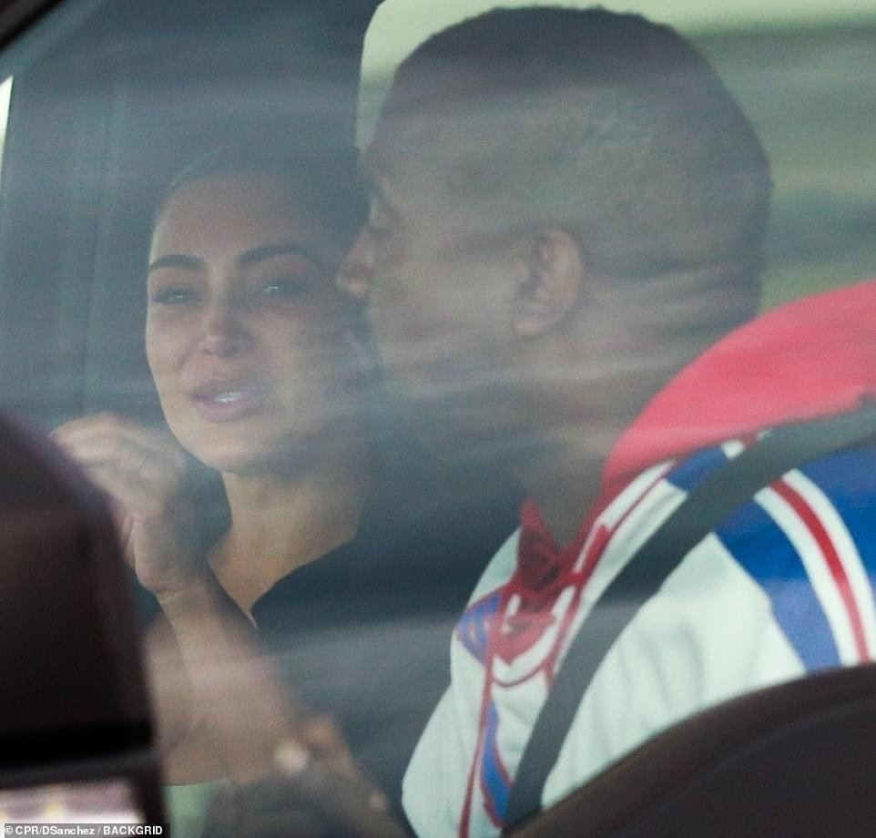 Crisis talks: Kim Kardashian West reunited with her husband Kanye West on Monday, after flying into Wyoming where she was pictured sobbing during an intense conversation with the troubled rapper