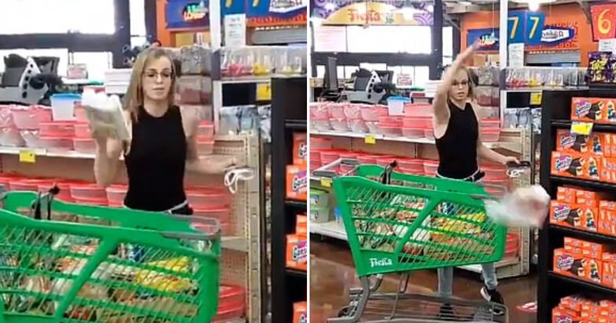 woman6.png?resize=1200,630 - Furious Woman Throws Items From Her Shopping Cart While Shouting Expletives After Being Asked To Wear A Mask