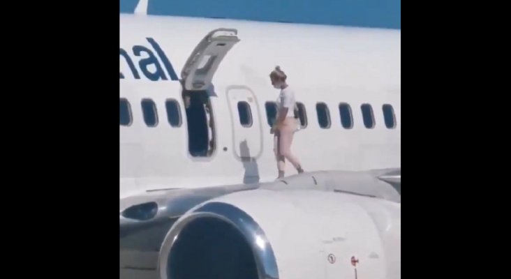 Una mujer se pasea por el ala de un avión buscando aire fresco