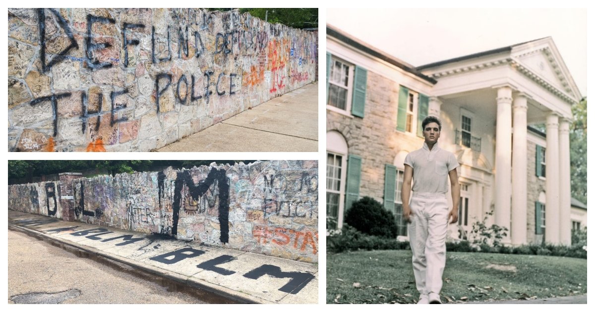 collage 6.jpg?resize=412,275 - Protestors Spray-Painted Political Messages On A Wall Around Elvis Presley's Graceland Estate