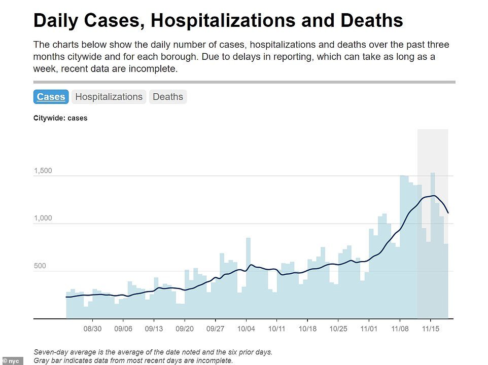 Charts showing the daily number of cases, hospitalizations and deaths in NYC over the past three months