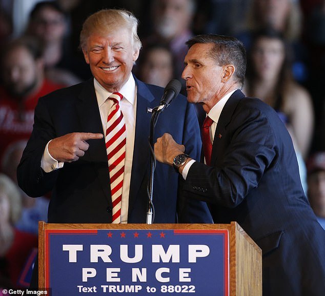 Trump, left, jokes with retired Gen. Michael Flynn at a 2016 rally. Trump has not been shy about using his pardon power to help political allies and those he believes have been wronged by an out-of-control justice system