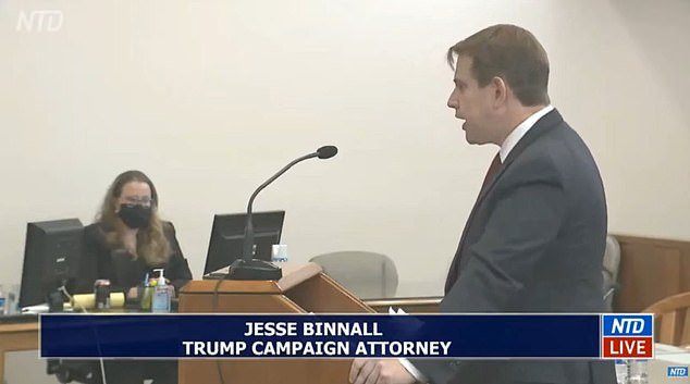 One of the lawyers, Jesse Binnall (pictured), had previously said he intends to prove that fraudulent votes were cast and that Trump won the state, not President-elect Joe Biden . During the hearing Binnall claimed that more than 85,000 votes in Nevada were cast illegally