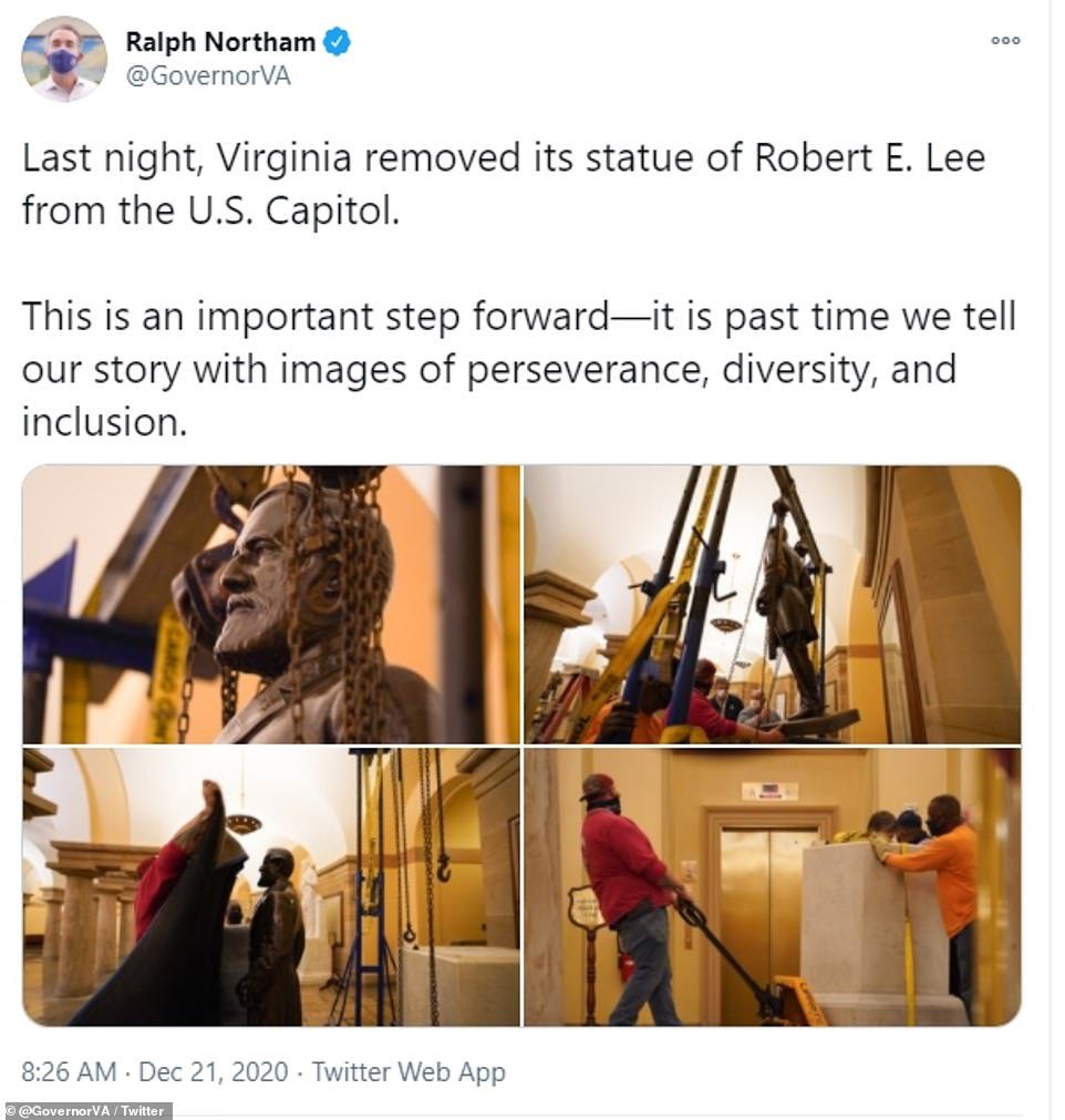 Virginia Gov. Ralph Northam tweeted out pictures Monday morning of the Robert E. Lee statue being removed from the U.S. Capitol