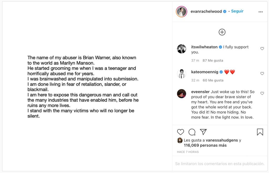 Evan Rachel Wood acusa de abuso y manipulación a Marilyn Manson