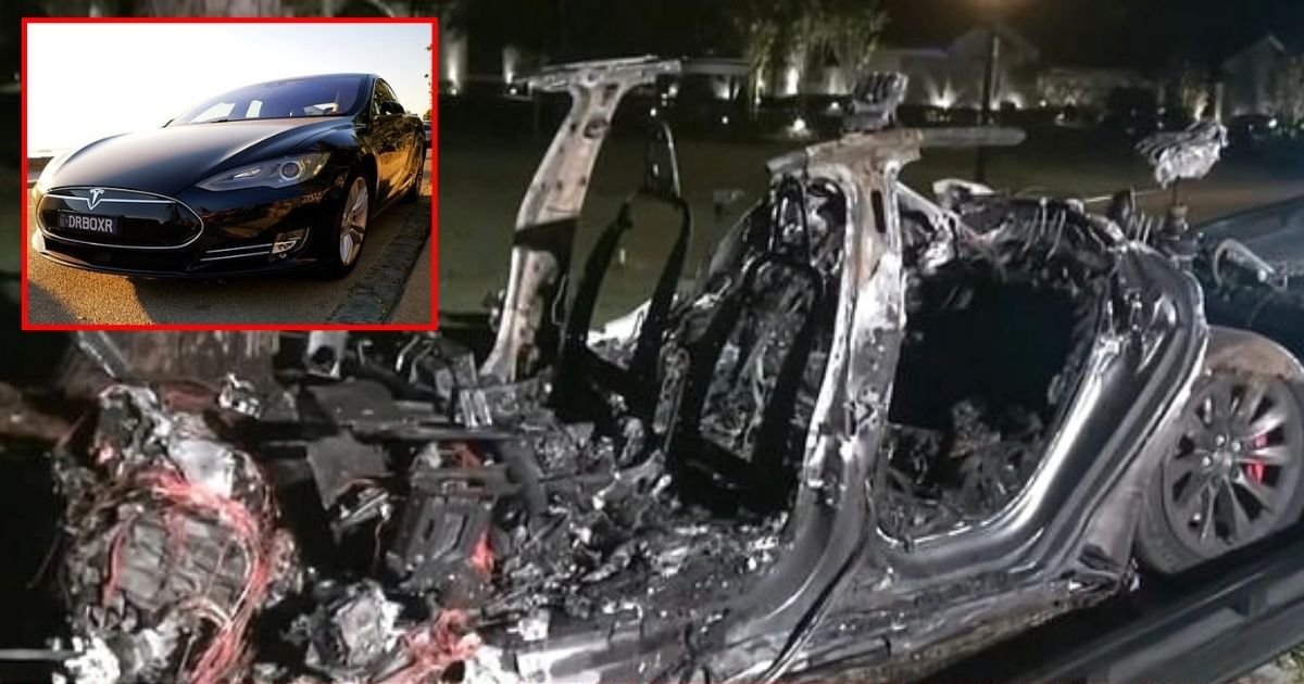 tesla4 1.jpg?resize=1200,630 - Two Men Tragically Died After Car 'On Auto-Pilot With No One In Driving Seat' Crashed Into A Tree And Started A Huge Fire