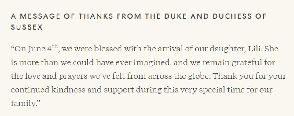 In a message of thanks on their Archewell website, Harry and Meghan said: 