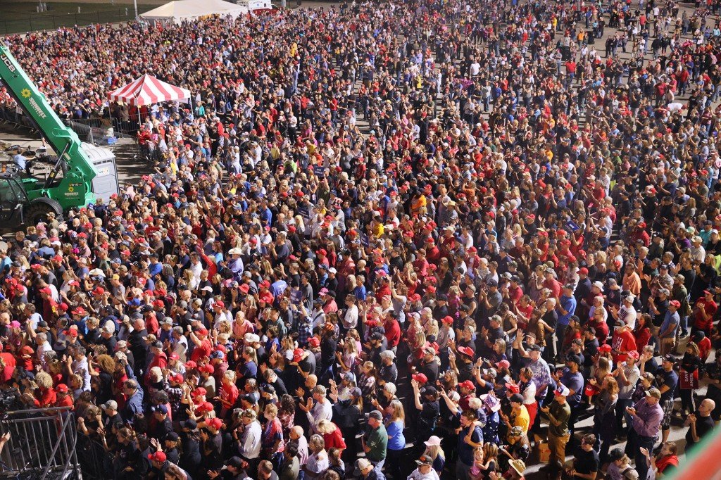 Thousands of supporters gather for former President Donald Trump’s rally at the Iowa State Fairgrounds in Des Moines, Iowa on October 09, 2021.