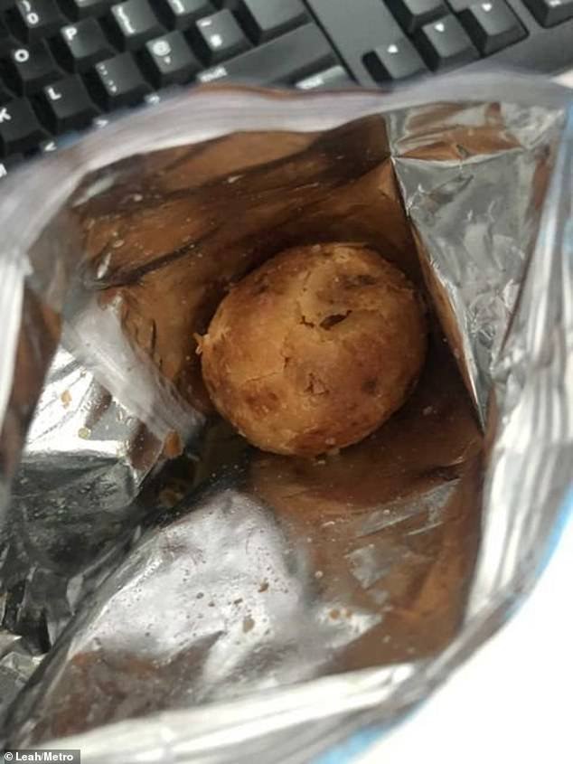 Leah, who lives in Huddersfield, West Yorkshire, claims to have a whole potato (pictured) in a bag of crisps bought from her local Aldi store