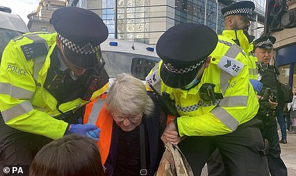 Police arrest Sue Parfitt on Bishopsgate in London on Monday