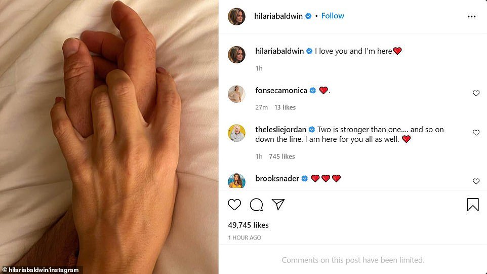 Hilaria Baldwin made an emotional post on Instagram, showing her hand intertwined with husband Alec Baldwins and says she has fears he will develop PTSD after he accidentally shot dead cinematographer Halyna Hutchins on the set of