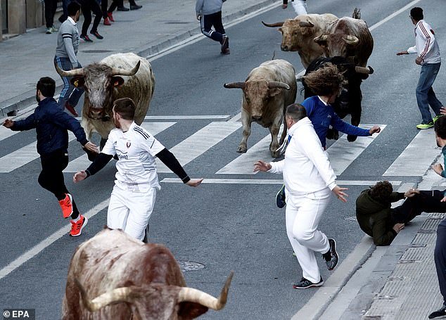 People run in front of the bulls during the first running of the bulls after coronavirus Covid-19 restrictions were lifted, at Tafalla village, Navarra, Spain on 23 October 2020. A participant died at a separate festival in Onda, in the eastern province of Castellon