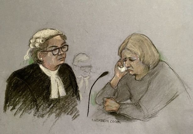 Court artist sketch by Elizabeth Cook of Penelope Jackson (right) weeping in the dock at Bristol Crown Court
