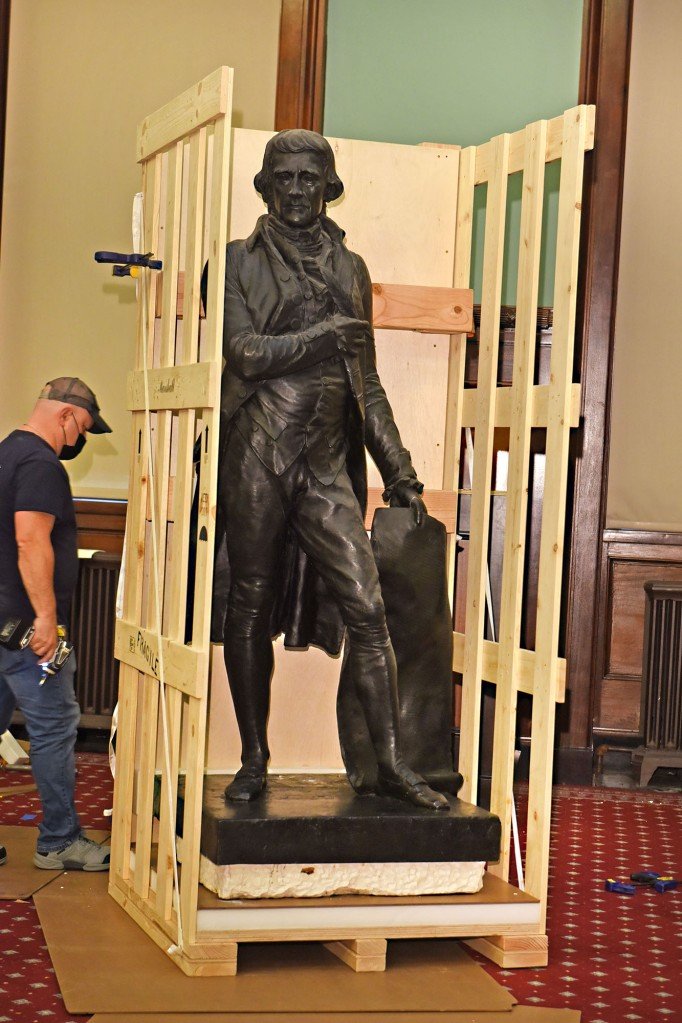 The statue of Thomas Jefferson was taken out of City Hall today