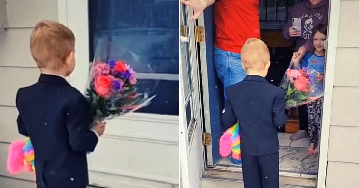 boy4.jpg?resize=412,275 - 5-Year-Old Boy Dresses Up In A Suit To Deliver Flowers, A Stuffed Animal, And Chocolates To His Crush In Viral Video Viewed Over 30 Million Times