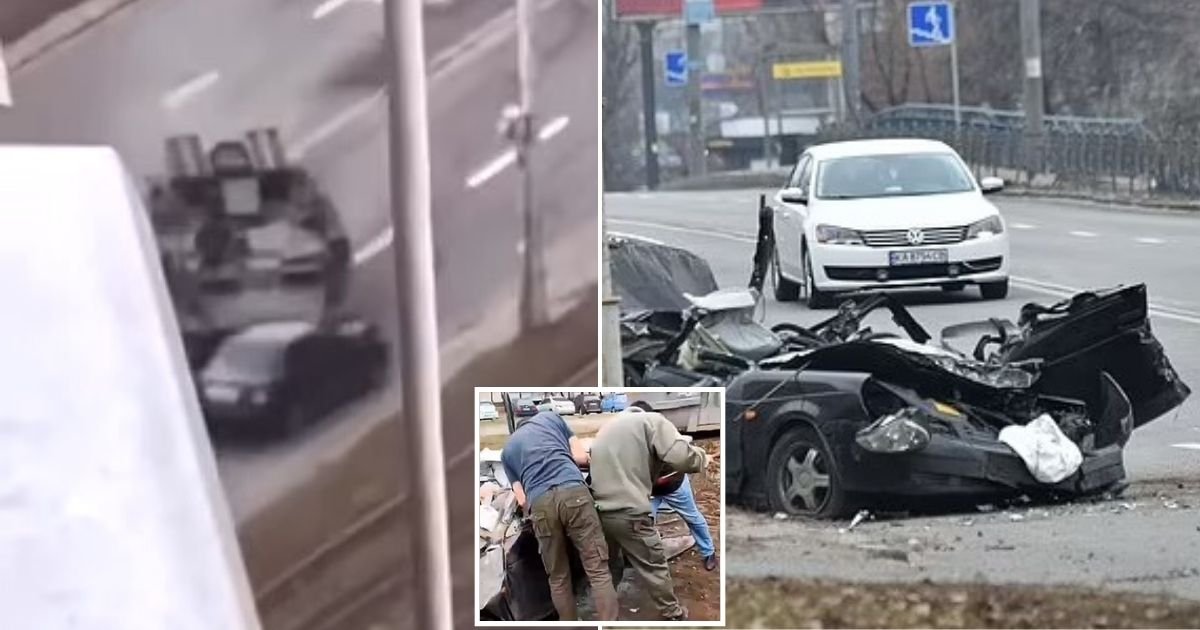 untitled design 52 1.jpg?resize=1200,630 - Russian Tank Seen Ploughing Into A CIVILIAN Car And Running Over The Elderly Driver In Disturbing Footage