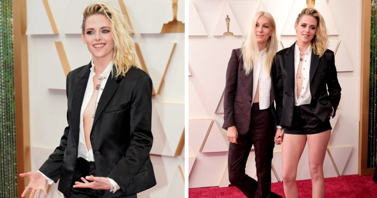q4 3.png?resize=1200,630 - Kristen Stewart Turns Up The Heat On Oscars Red Carpet By Going Braless In Tiny Shorts While Posing With Her Fiancee