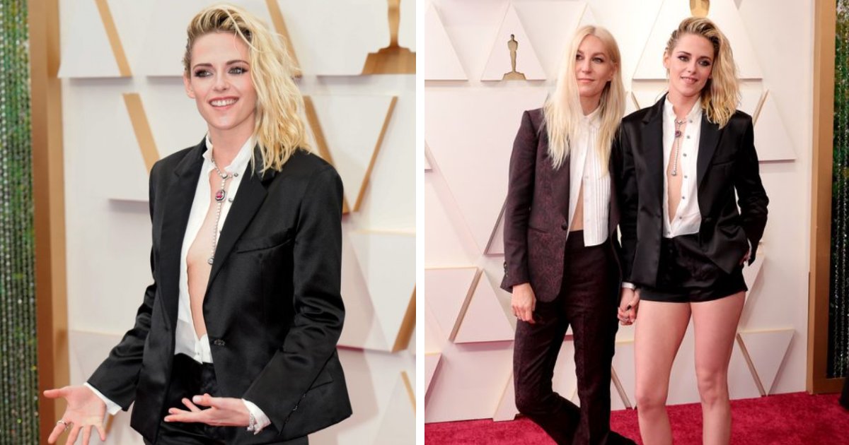 q4 3.png?resize=412,275 - Kristen Stewart Turns Up The Heat On Oscars Red Carpet By Going Braless In Tiny Shorts While Posing With Her Fiancee