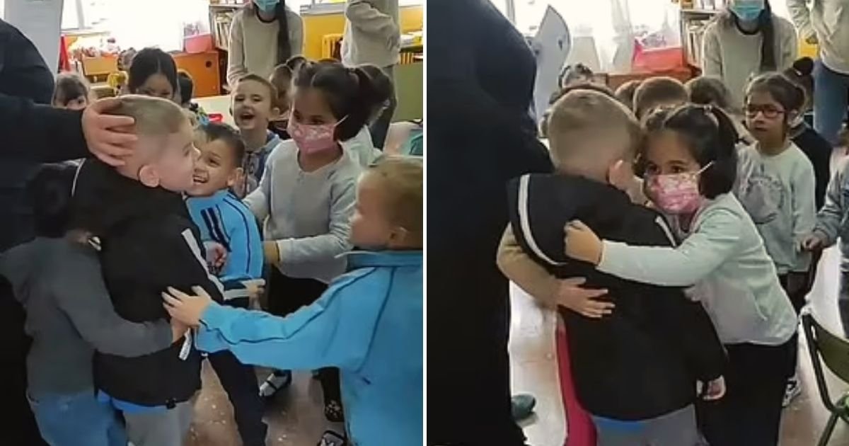 school4.jpg?resize=1200,630 - Heartwarming Moment Ukrainian Boy Received Warm Hugs From New Classmates After Fleeing To Spain To Escape War