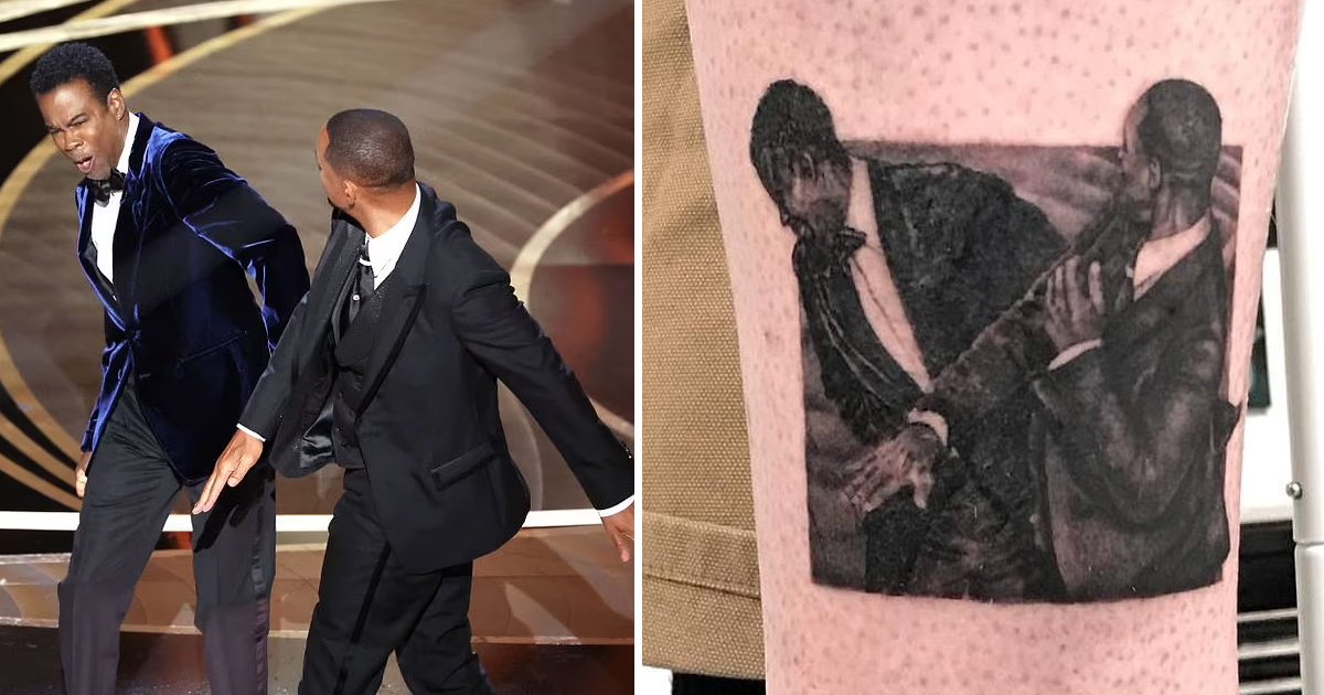 q3 8.jpg?resize=412,275 - Man Immortalizes The 'Will Smith Slapping Chris Rock' Oscars Drama With A Leg TATTOO