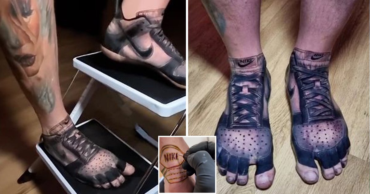 d106.jpg?resize=1200,630 - Man Tired Of Paying For His New Shoes Gets His Nike Trainers Permanently TATTOOED To His Feet