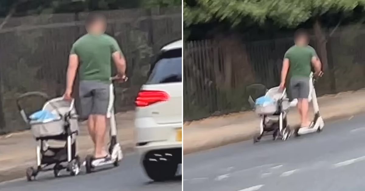 untitled design 84.jpg?resize=1200,630 - 'Reckless' Father Spotted Towing A Stroller While Riding E-Scooter On A Busy Road