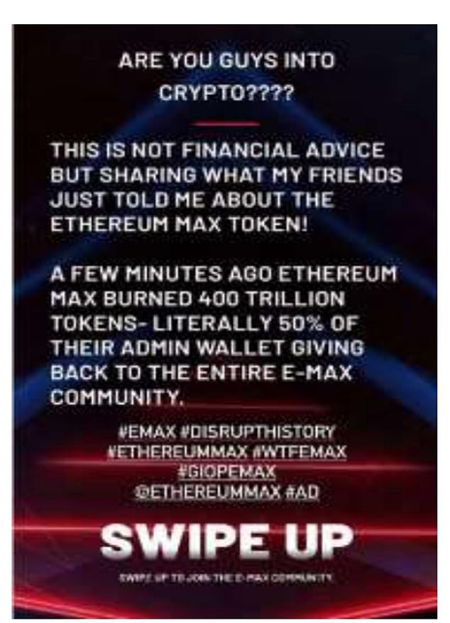 In June 2021, Kardashian promoted the cryptocurrency Ethereum Max on her Instagram story. 